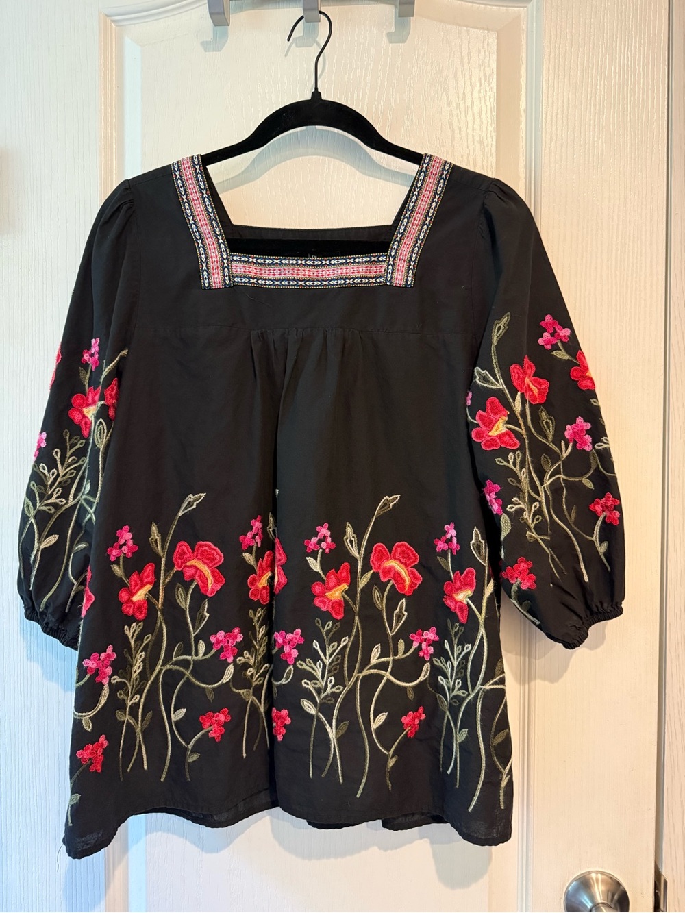 Calessa Black Embroidered Floral Tunic with Pink Accents